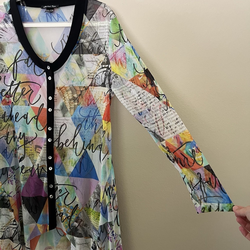 Women's Lagenlook Artsy Top Michael Tyler XXL Sheer Tunic See Through Colorful - Picture 4 of 8